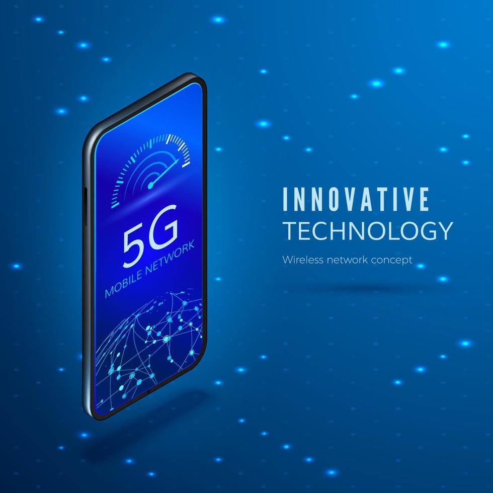 5G concept. Fifth generation mobile wireless network isometric banner. Smartphone with arrow moving to maximum on data transfer rate scale. Vector illustration