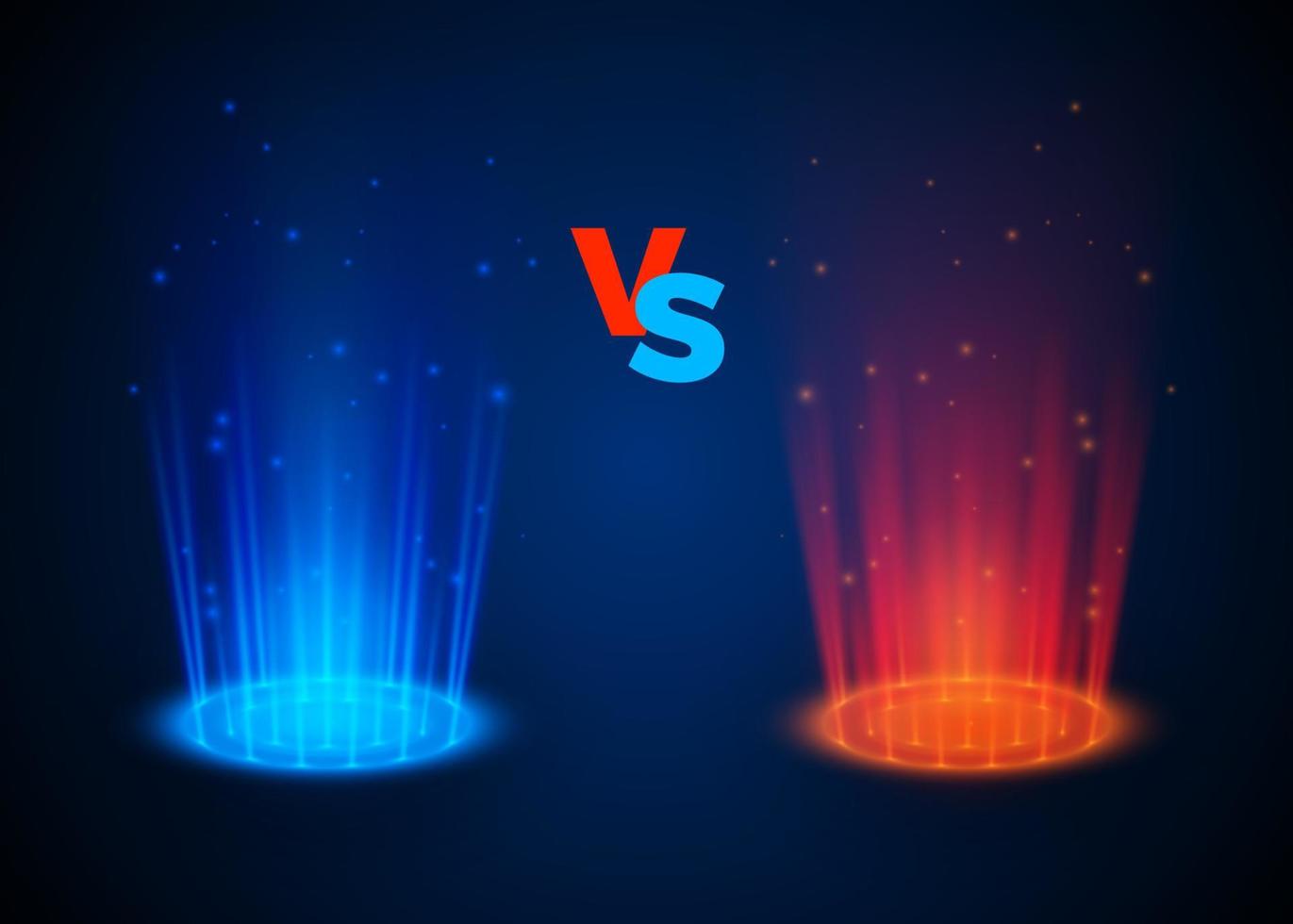 versus brillante destacar rojo y azul colores. resumen holograma vs batalla escena con rayos y chispas. vector ilustración