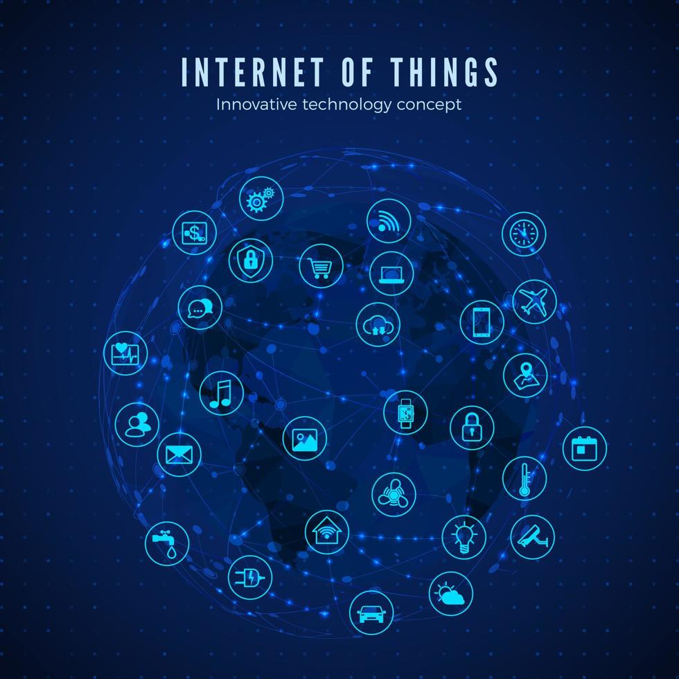 Internet of things. IOT concept. Global network connection. Monitoring and control smart systems icons on global network and map background. Vector illustration