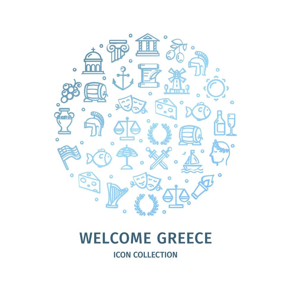 Greece Travel and Tourism Round Design Template Blue Thin Line Icon Concept. Vector