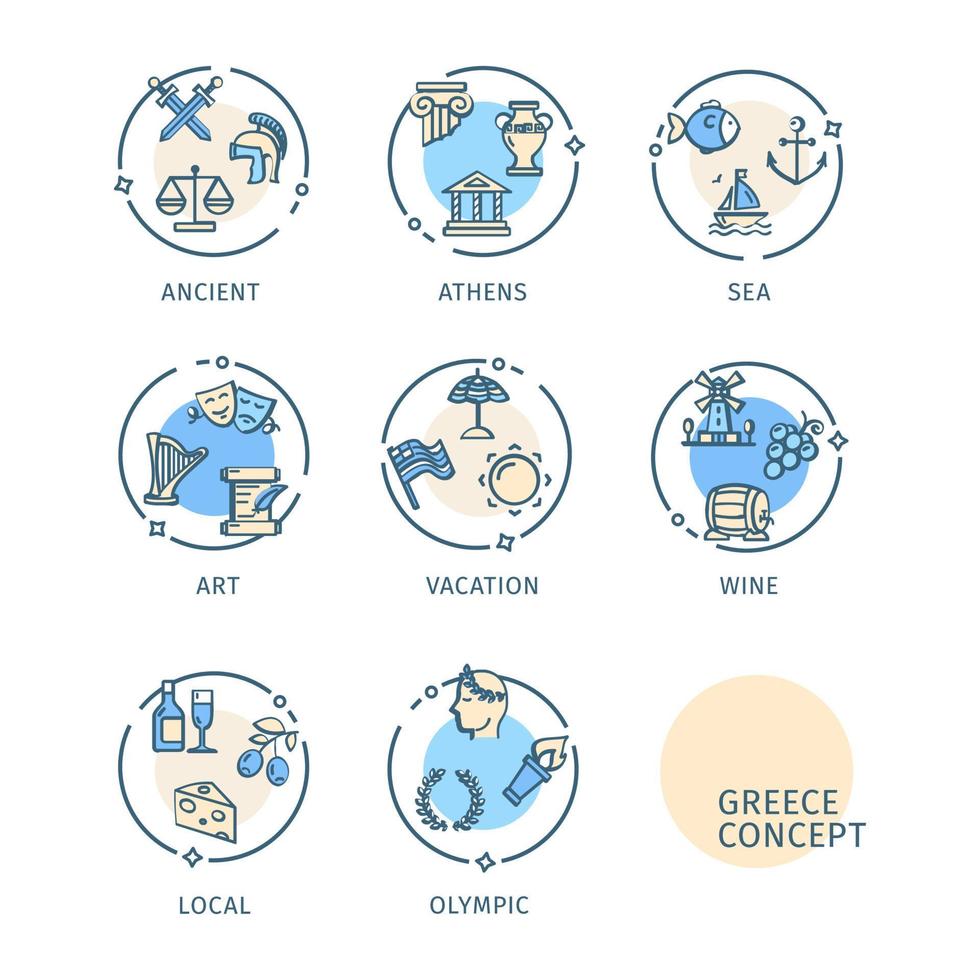 Greece Travel and Tourism Concept Thin Line Icons Labels Set. Vector