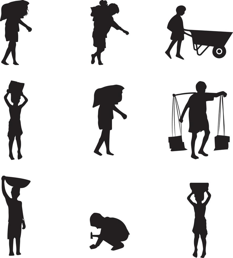 child labor silhouette. Collection of Workers or Labor Silhouette in different positions. vector