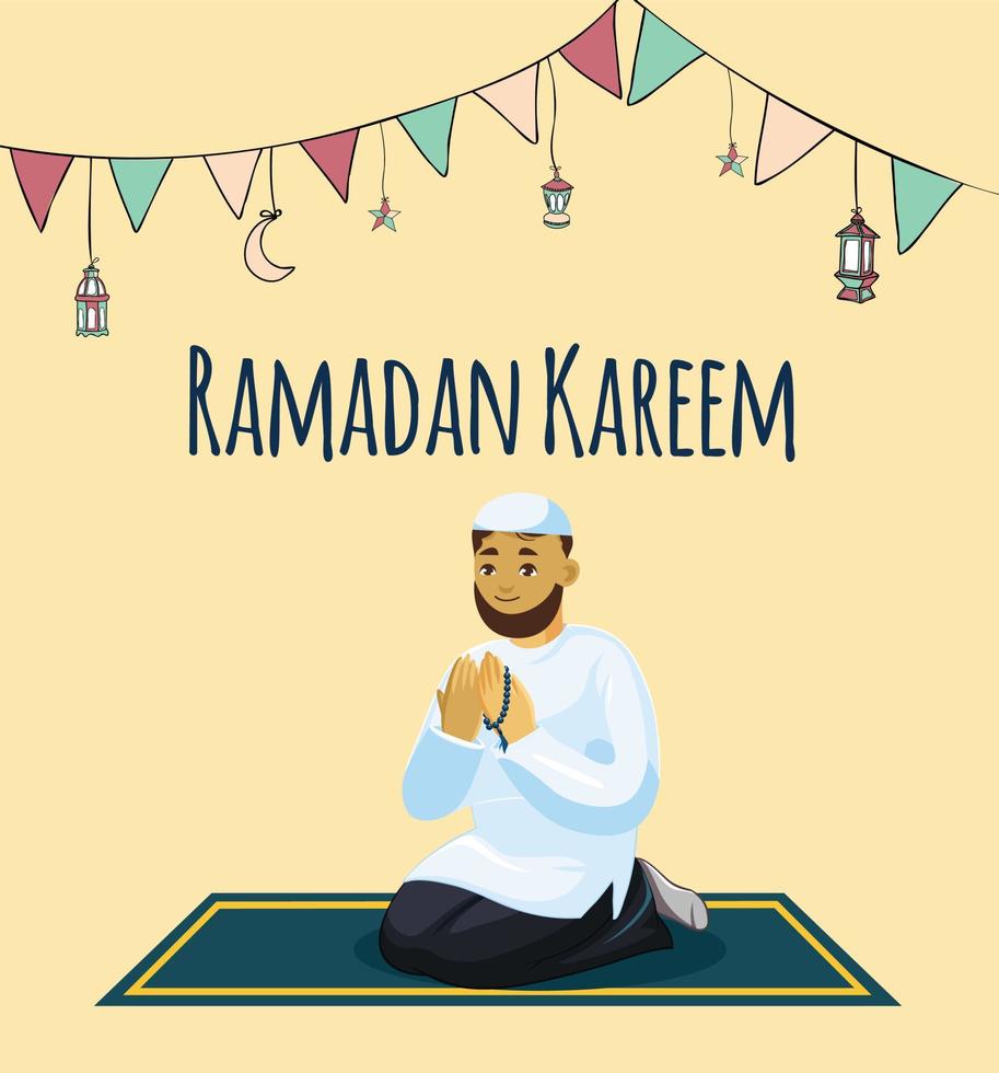 Ramadan Kareem. Vector illustration of Muslim man praying. Ramadan, Islamic theme and background.