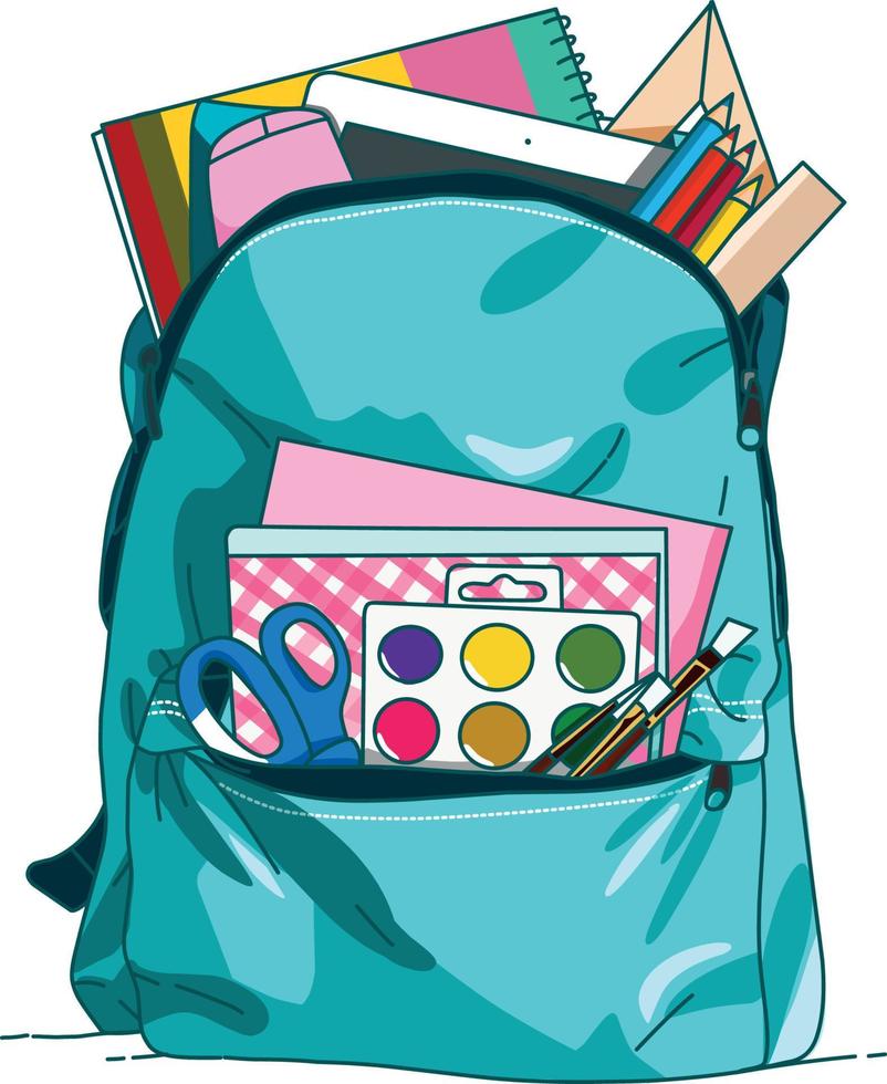 ilustración de un colegio bolso con de colores pintar, de colores lápices, tijeras dentro vector