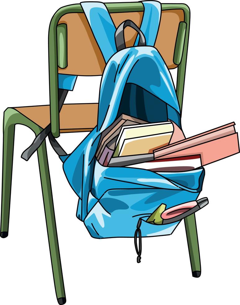 colegio bolso colgando en silla con libros dentro vector