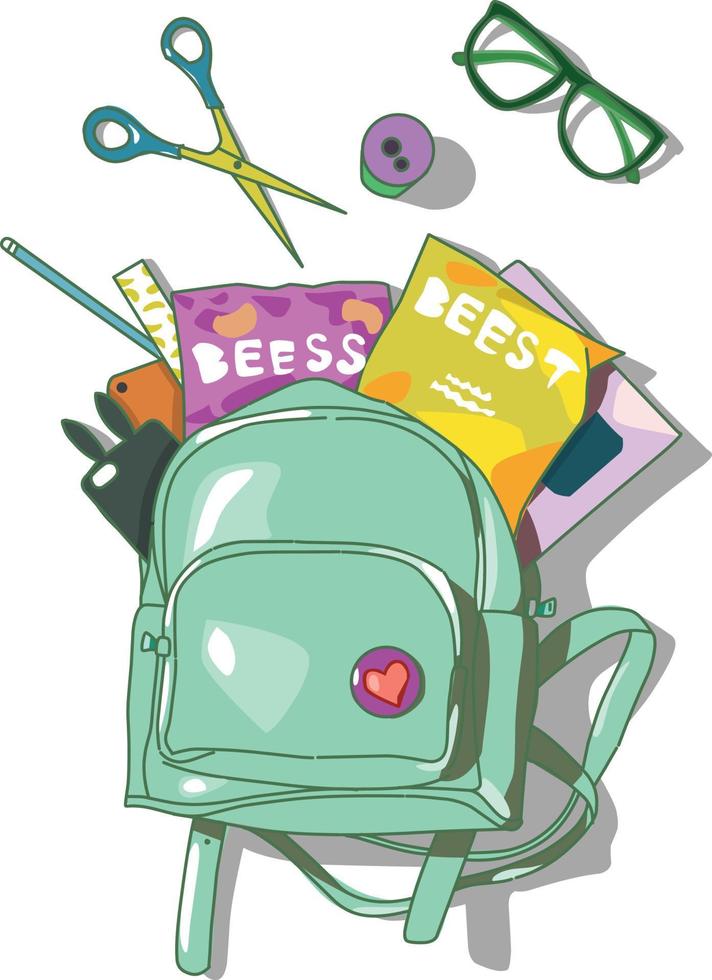 green travel school bag with glasses and snacks inside vector