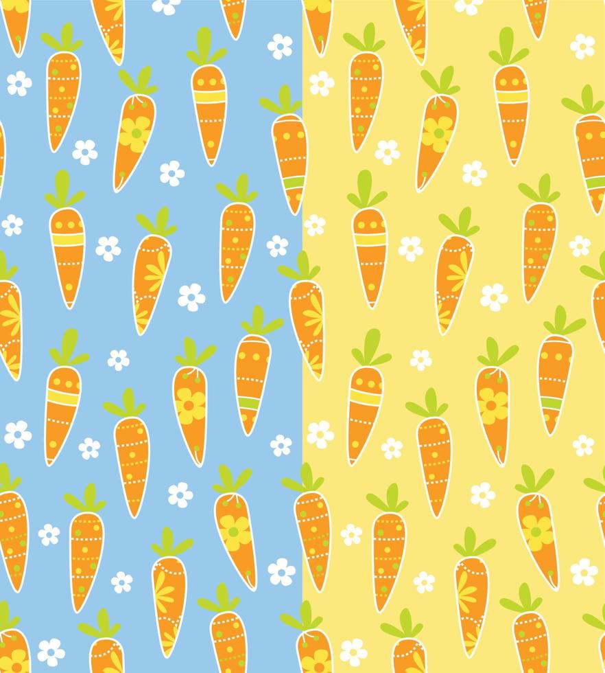 Seamless Pattern of Easter Carrots and Flowers with Blue and Yellow Background -Easter Vector Illustration