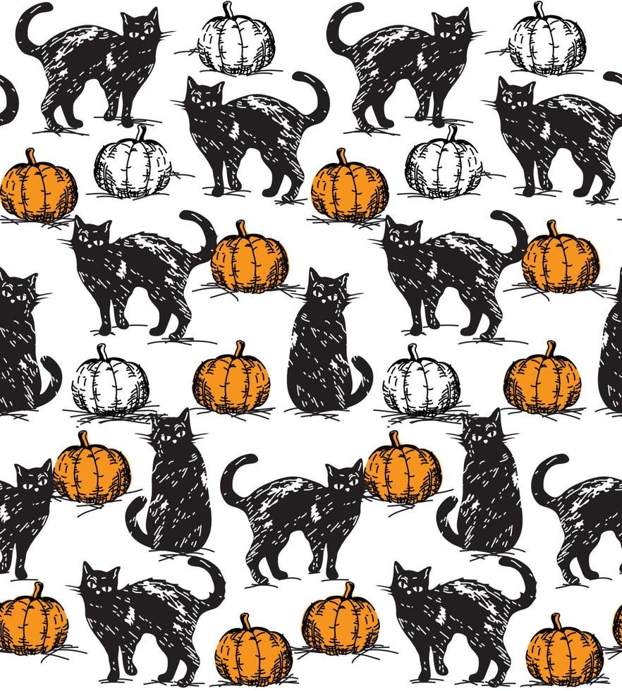 Seamless Pattern of Vintage Halloween Cat and Pumpkin- Halloween Vector Illustration