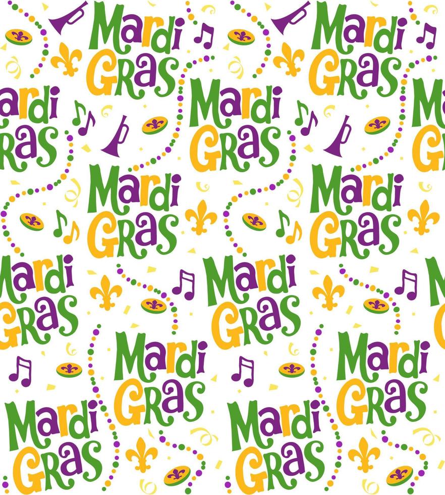 Seamless Pattern of Mardi Gras with Fleur de lis and Beads- Mardi Gras Background Vector Illustration