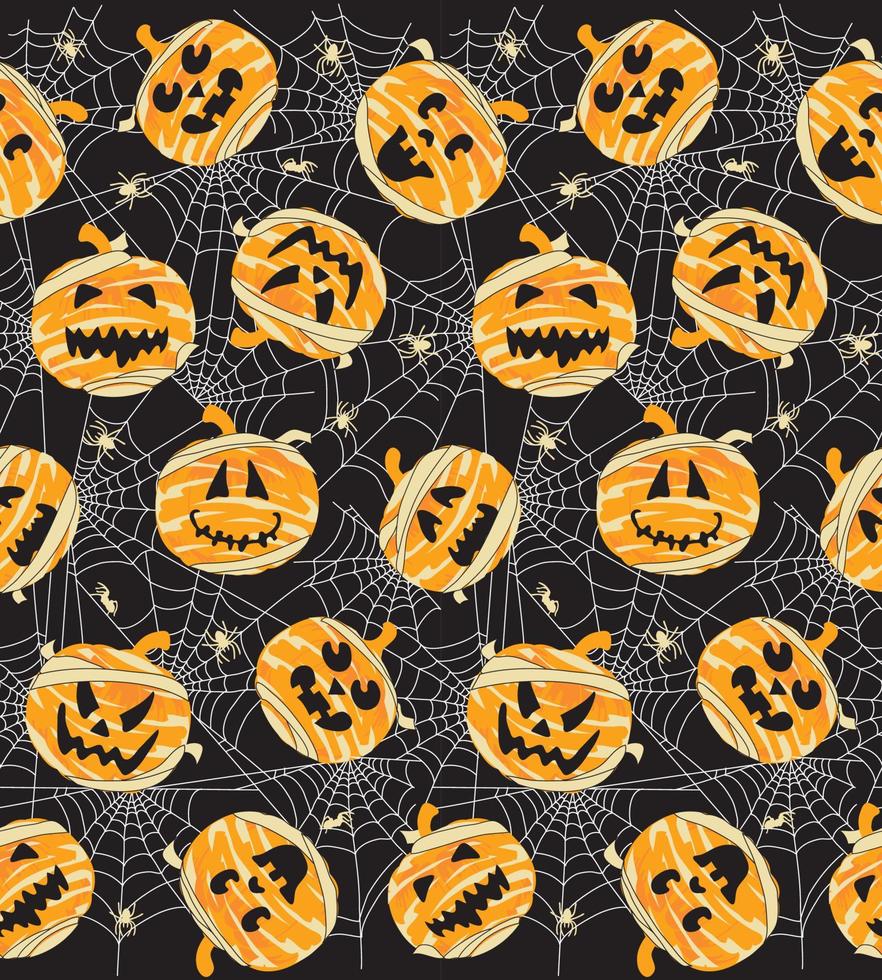 Seamless Pattern of Halloween Pumpkin Mummy with Spider Web- Halloween Vector Illustration