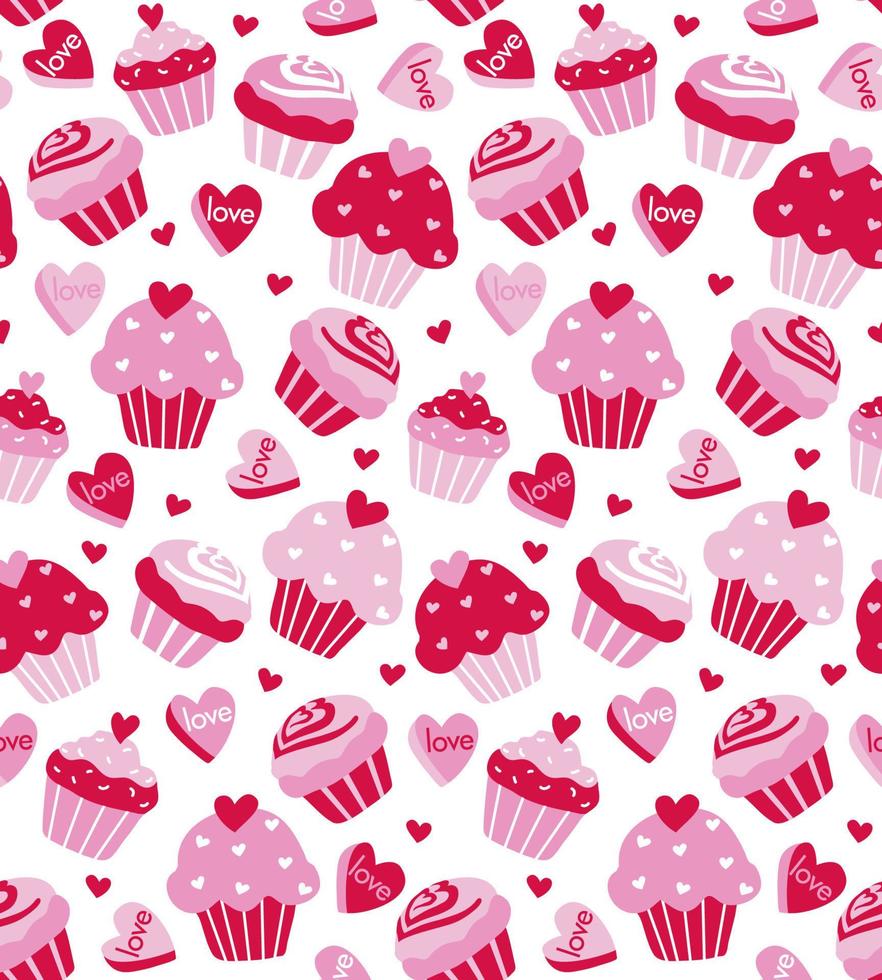 Seamless Pattern of Valentine's Cupcakes with Red and Pink Hearts vector