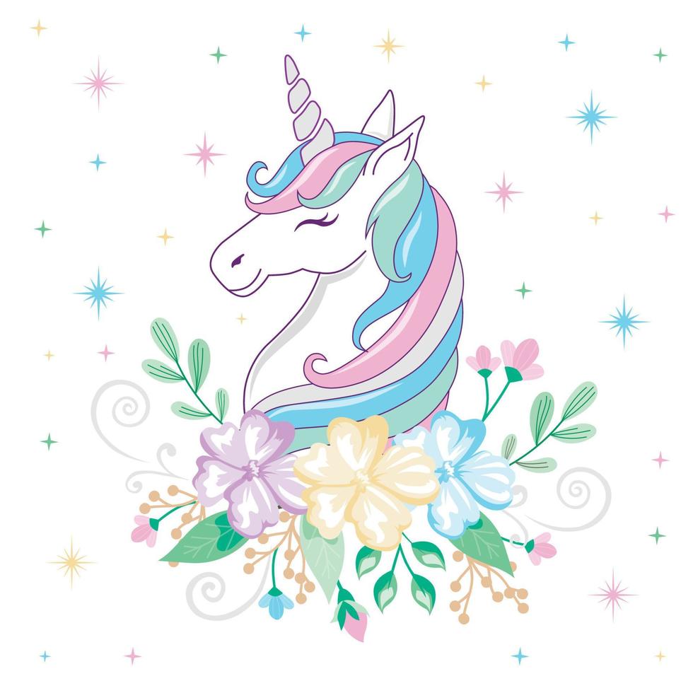 Cute Colorful Unicorn with flowers  and Stars- Unicorn vector illustration