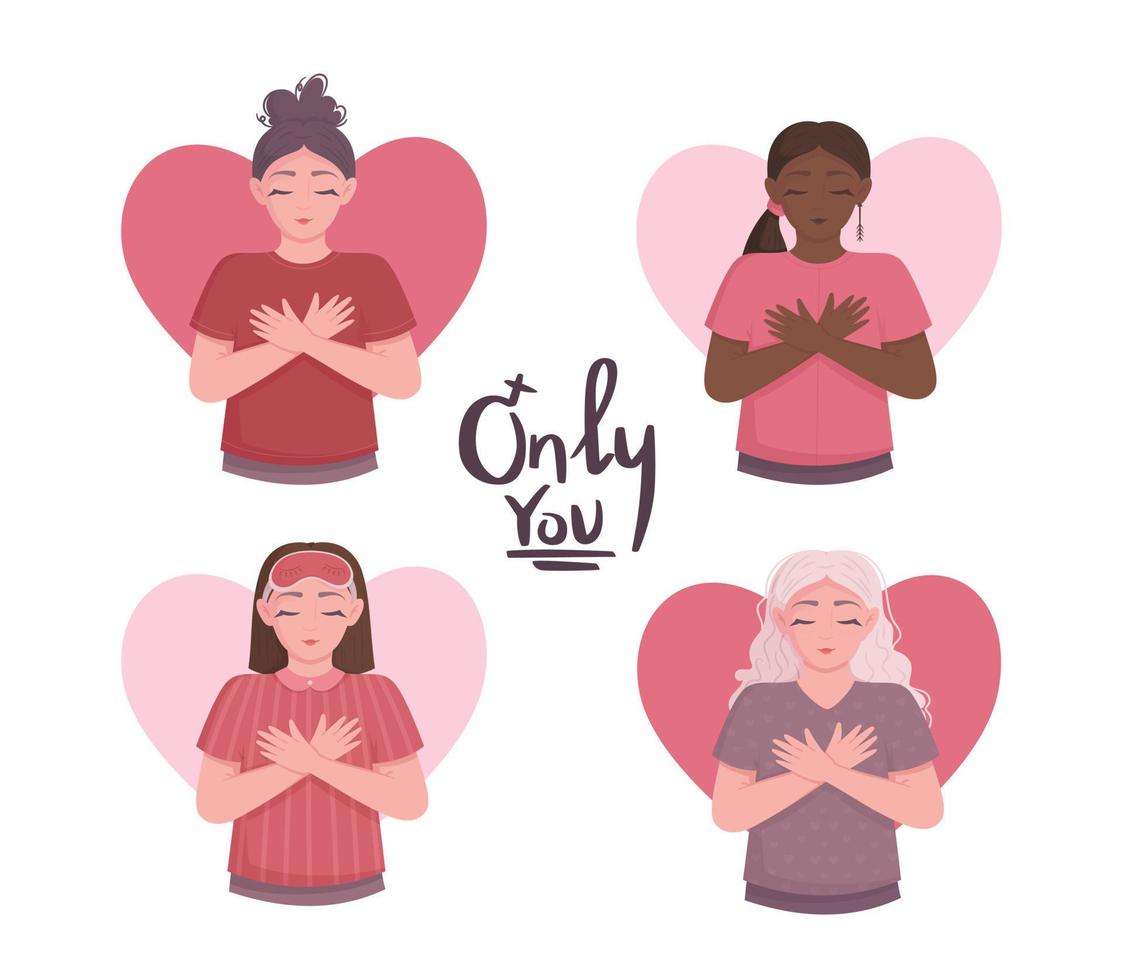 Love yourself. Woman embracing herself with her heart on a white background. vector