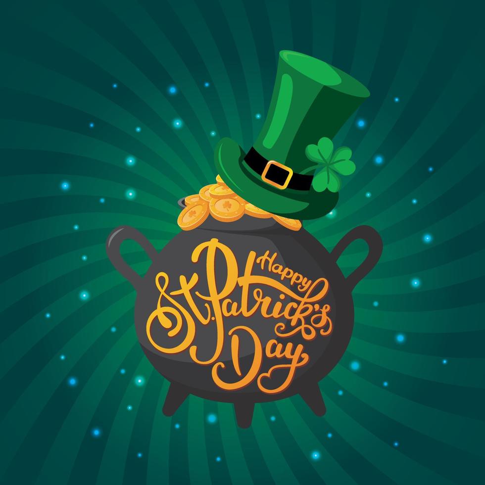 Happy St. Patrick's Day greeting card with a hat and a pot of gold. vector