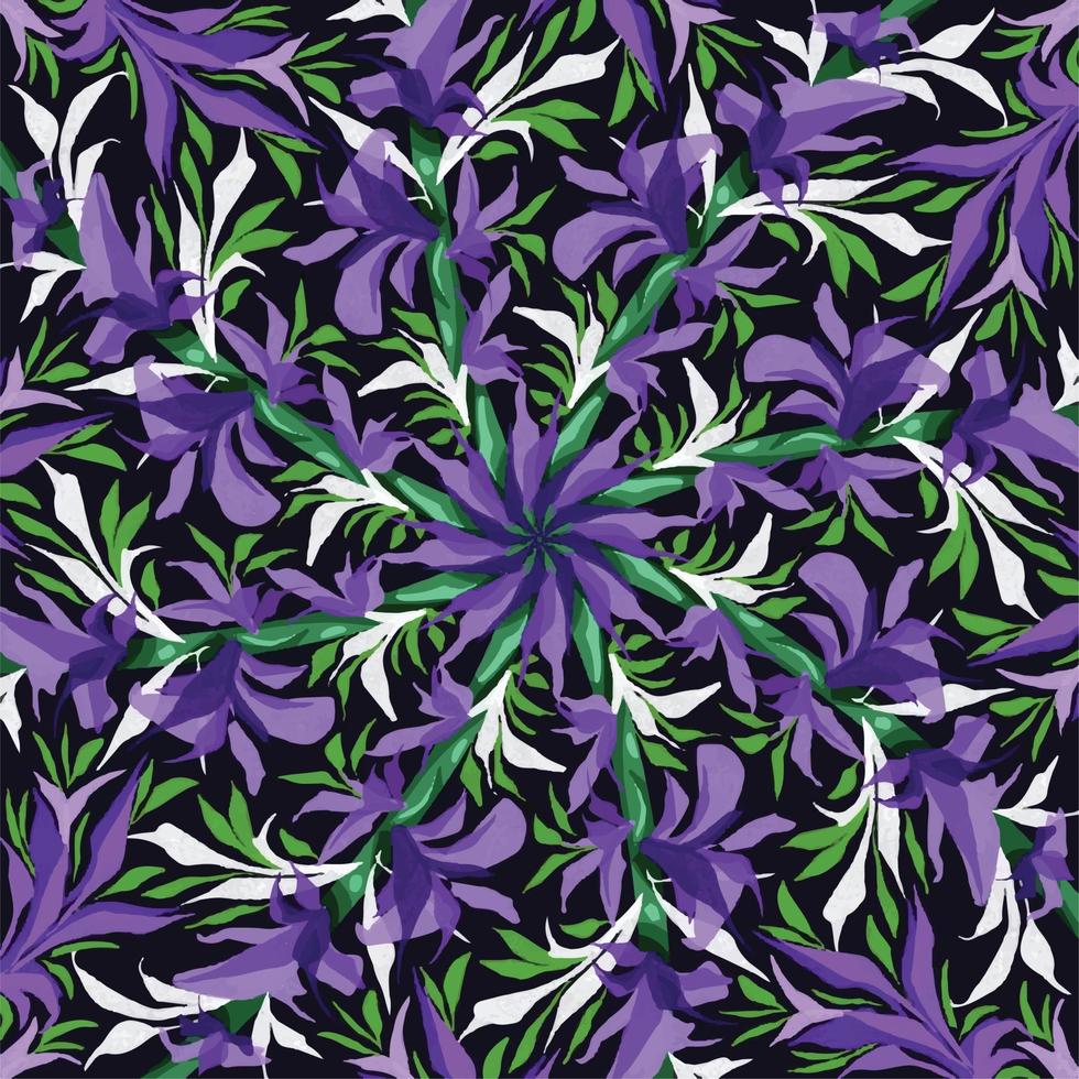 Purple and white elegant symmetrical flowers pattern with green stem and leaves vector background isolated on square black template for social media post, cover title, paper and scarf textile prints.