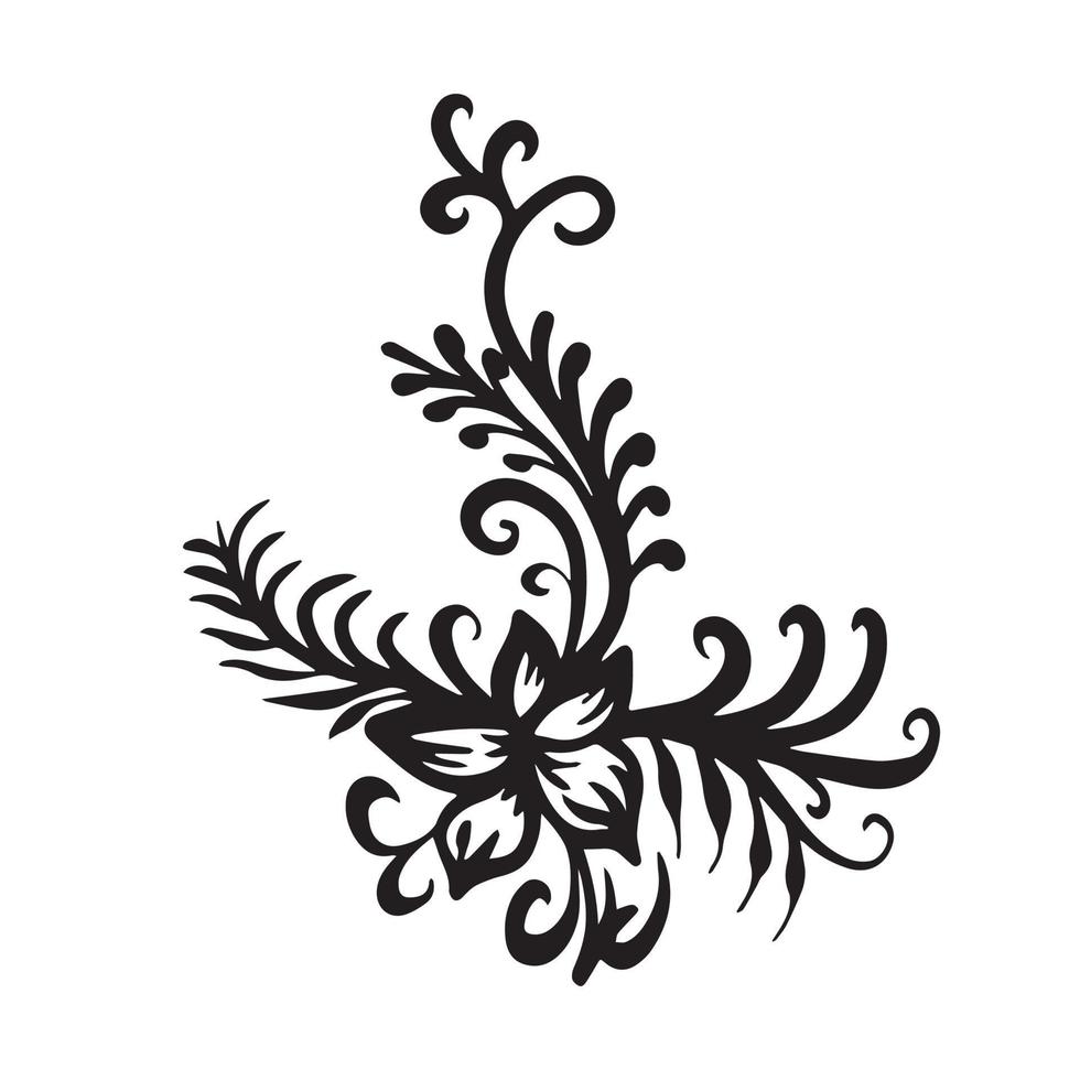 Simple black line floral flower ornamental tattoo silhouette outline vector illustration isolated on white square template. Elegant bold tattoo design.