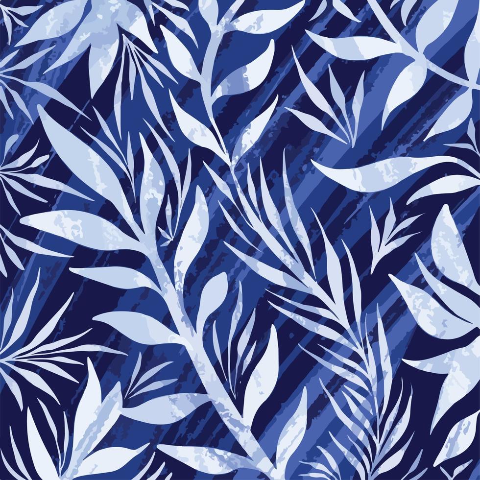 Blue background with white botanical leaves pattern decorative vector background isolated on square template for social media post, paper or scarf textile print, poster, wrapping paper.