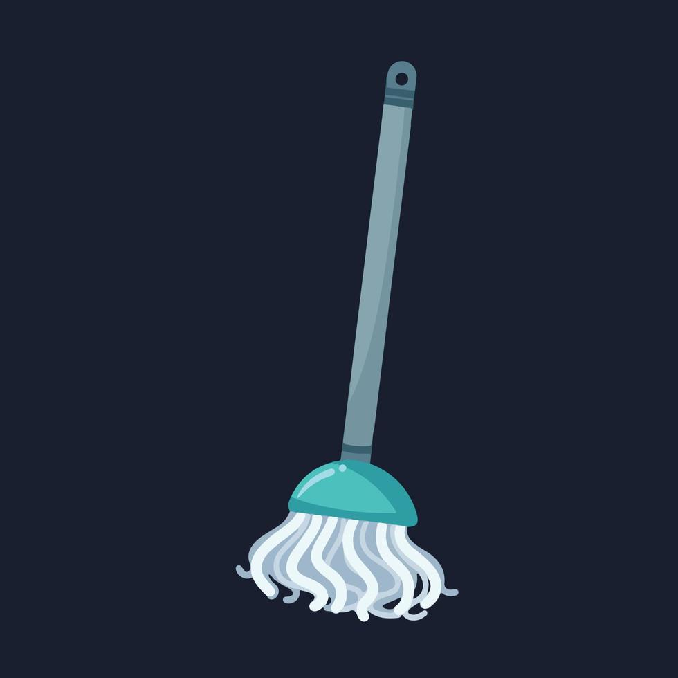 White and blue mop tool for house chores vector illustration isolated on dark background. House cleaning or keeping supplies equipment drawing with cartoon flat simple art style.