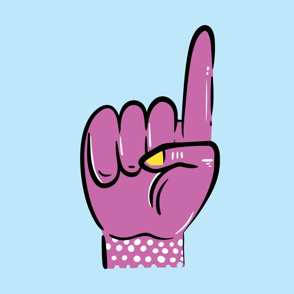 miedoso rosáceo púrpura popular de colores mano con señalando arriba gesto, aumento un dedo arriba, o uno gesto vector ilustración aislado. dibujos animados Arte estilizado decorativo pegatina con sencillo plano Arte estilo.