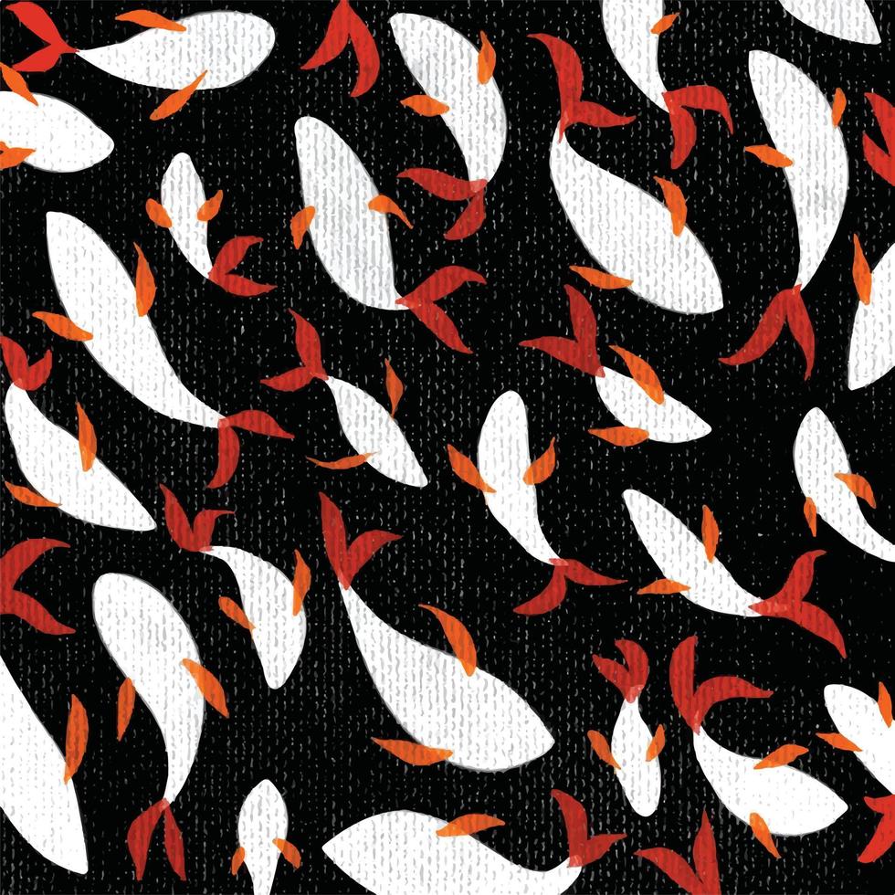 White, red, and orange colored textured grungy koi fish silhouettes pattern decorative vector background isolated on black square wallpaper for social media backdrop, website post, scarf and textile.