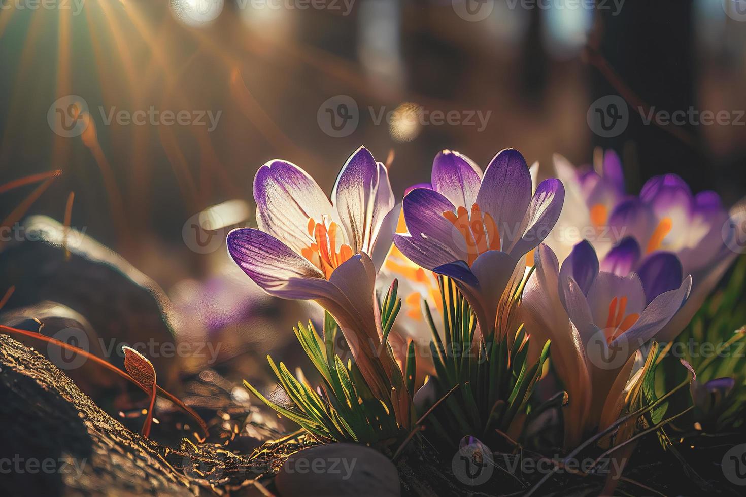 The first spring flowers, crocuses in a forest with snow background also have copy space for text photo