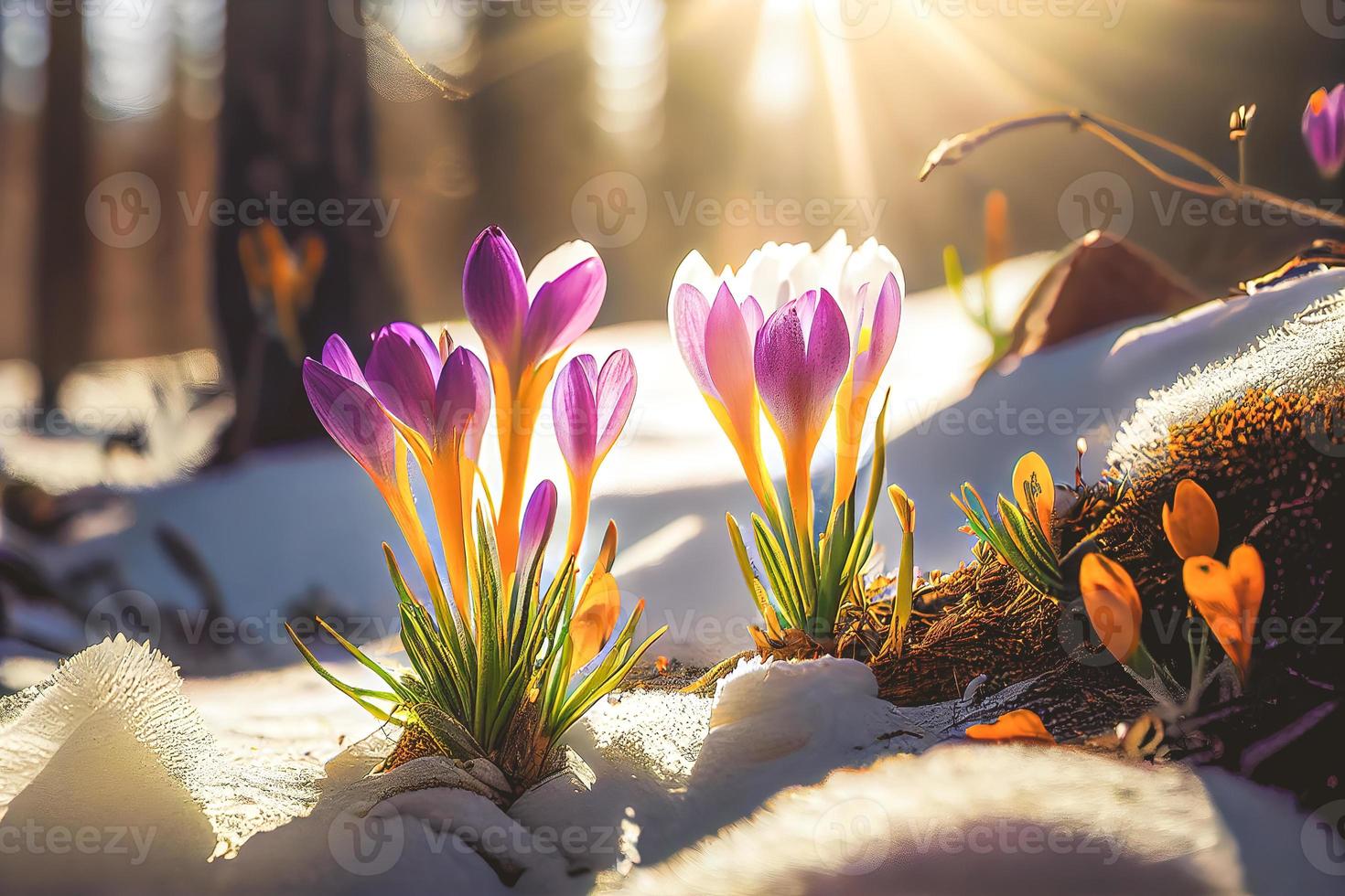 The first spring flowers, crocuses in a forest with snow background also have copy space for text photo