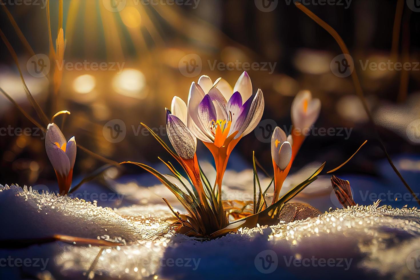 The first spring flowers, crocuses in a forest with snow background also have copy space for text photo