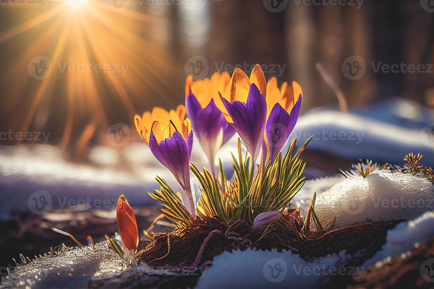 The first spring flowers, crocuses in a forest with snow background also have copy space for text photo