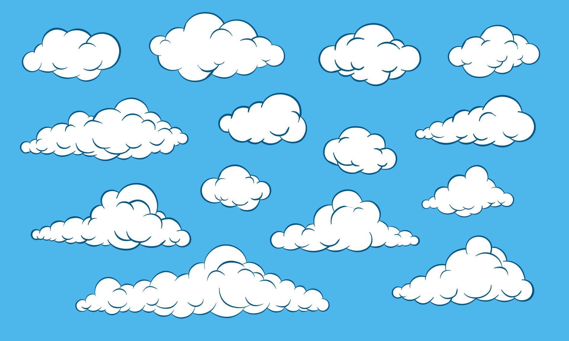 Set of clouds isolated on blue sky. Drawing clouds. Vector illustration