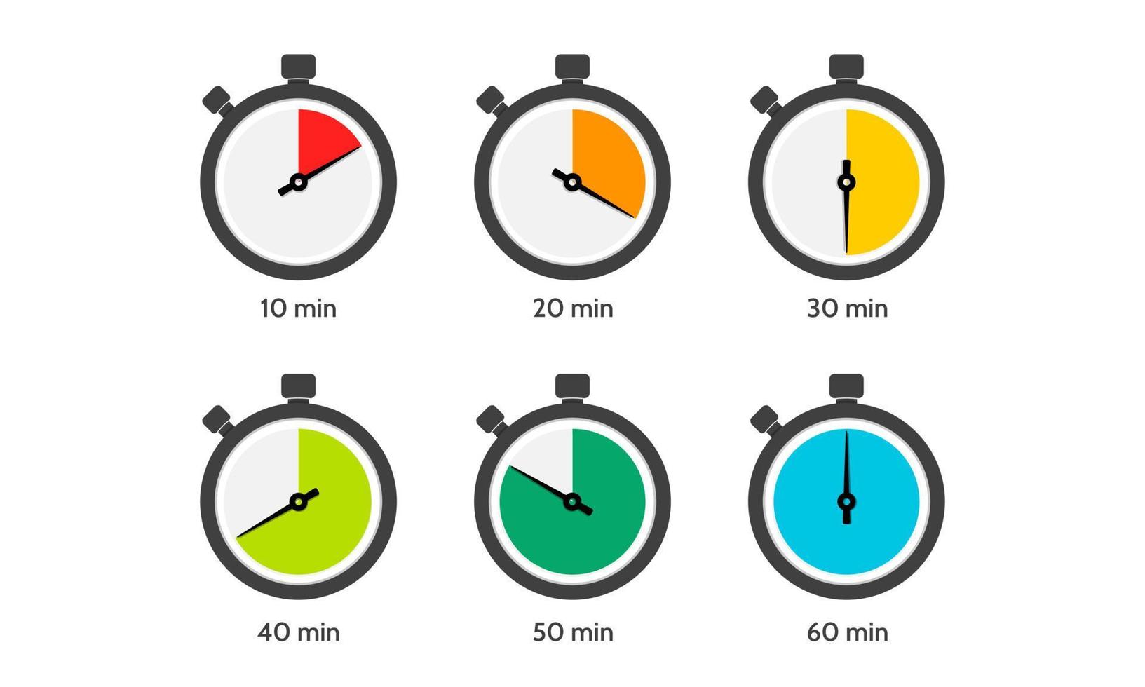 Timer, clock, stopwatch. Intervals vary every 10 minutes. Vector illustration.