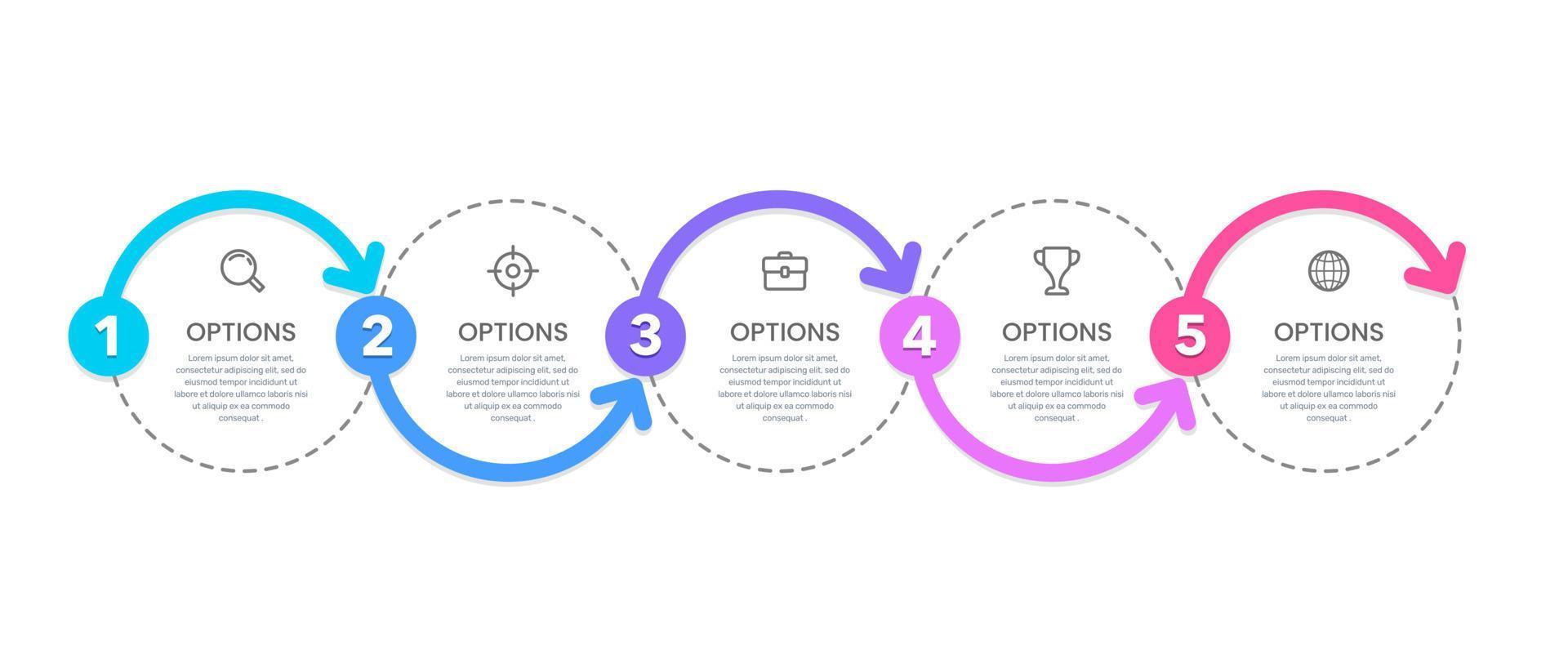 5 Circles infographic workflow to success. 5 Options to success. vector