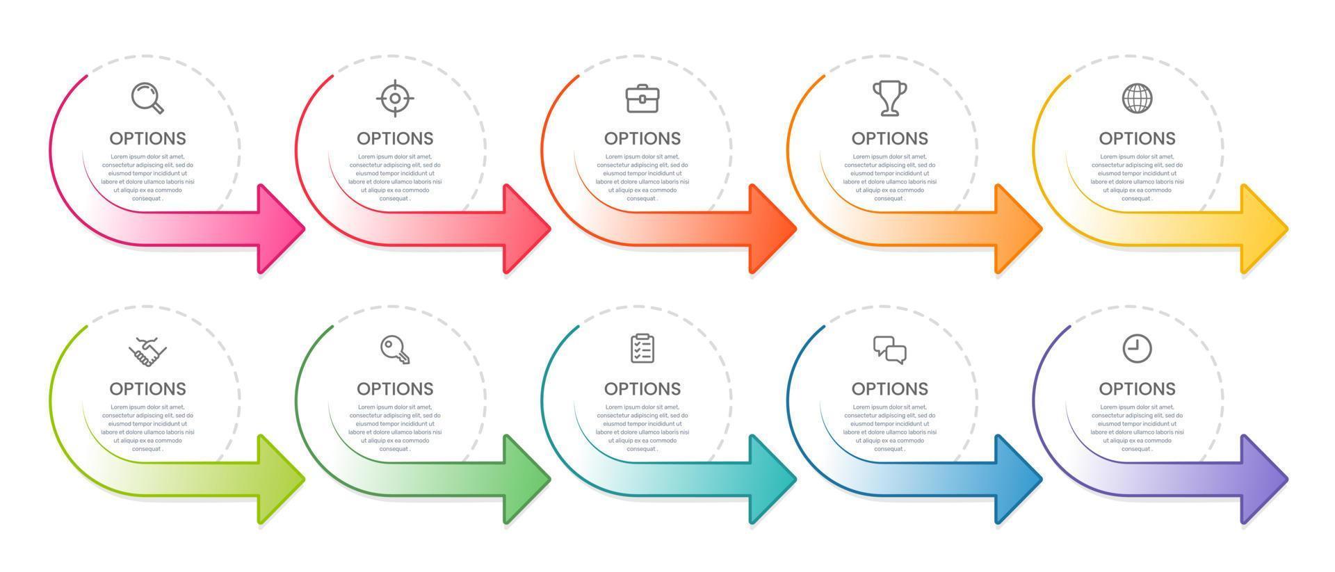 10 infographic circle frame options with colorful arrows. Vector illustration.