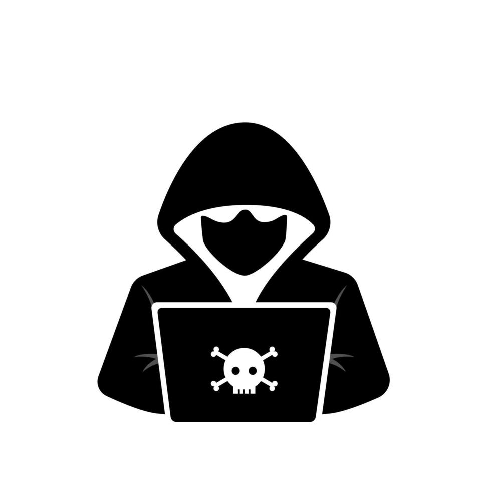 hacker delincuente con un ordenador portátil. vector