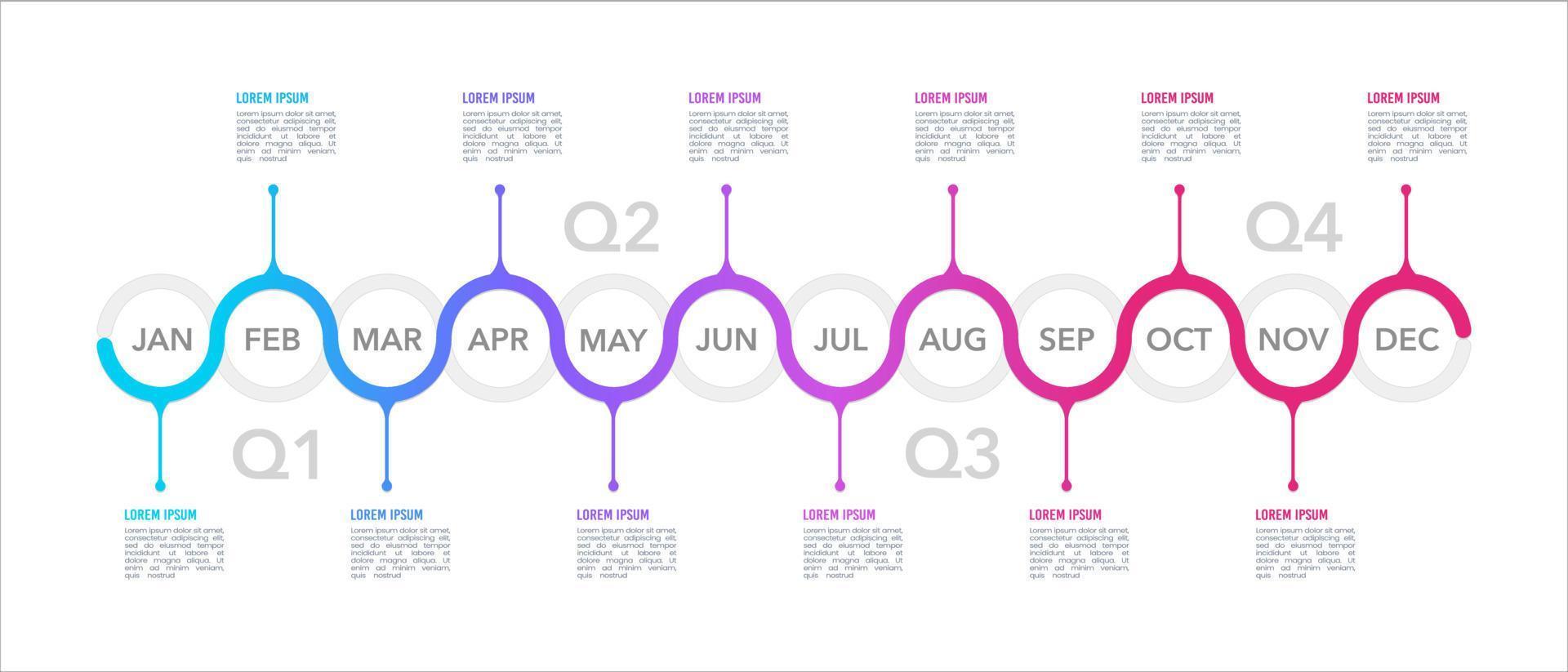 Business infographic template 12-month timeline to success. Business presentation 4 quarters. Presentation Roadmap Milestone. Vector illustration.