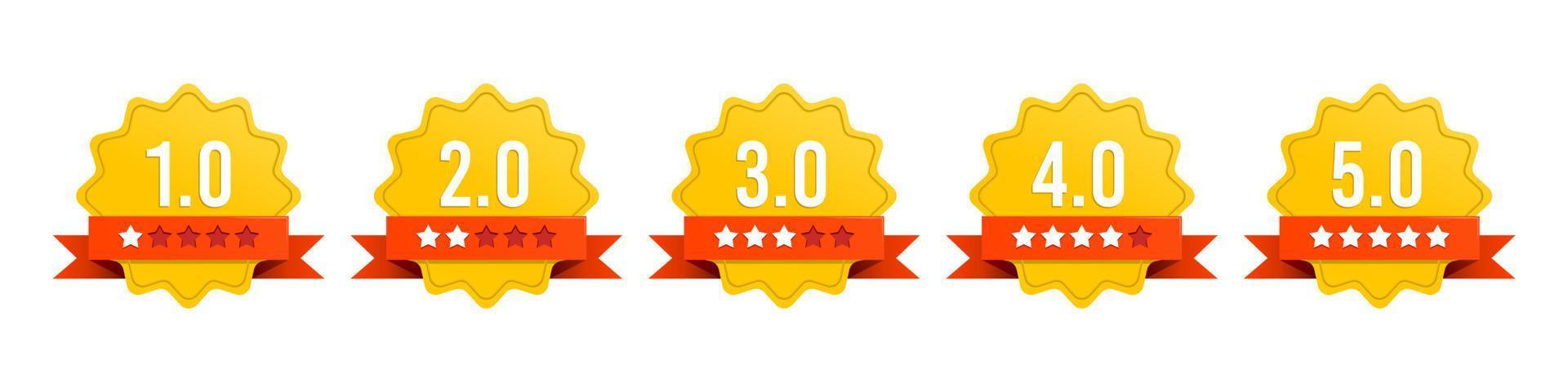 Set of gold badge with red ribbon rating stars. Feedback or ranking. Premium rating. Vector illustration.