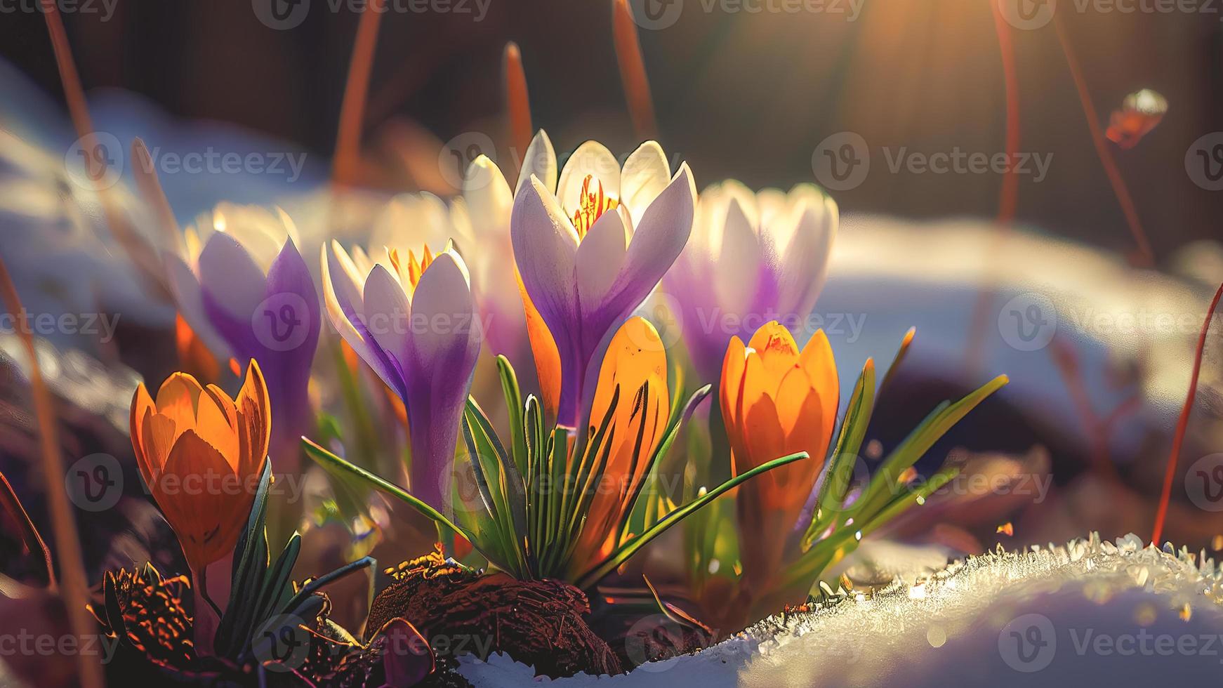 The first spring flowers, crocuses in a forest with snow background also have copy space for text photo