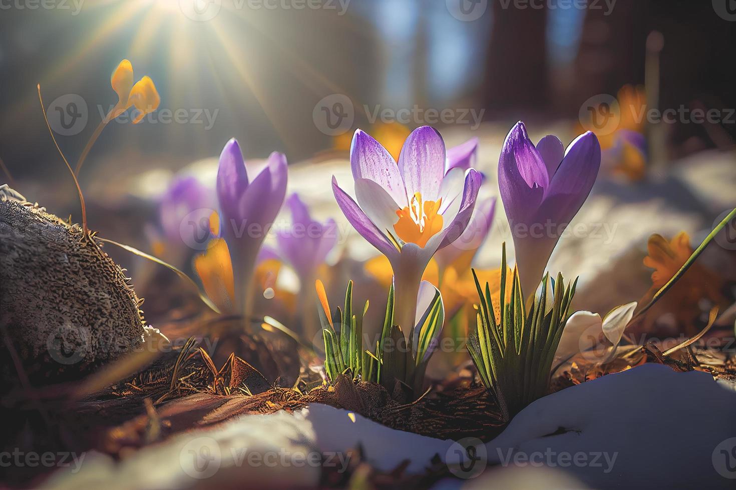 The first spring flowers, crocuses in a forest with snow background also have copy space for text photo