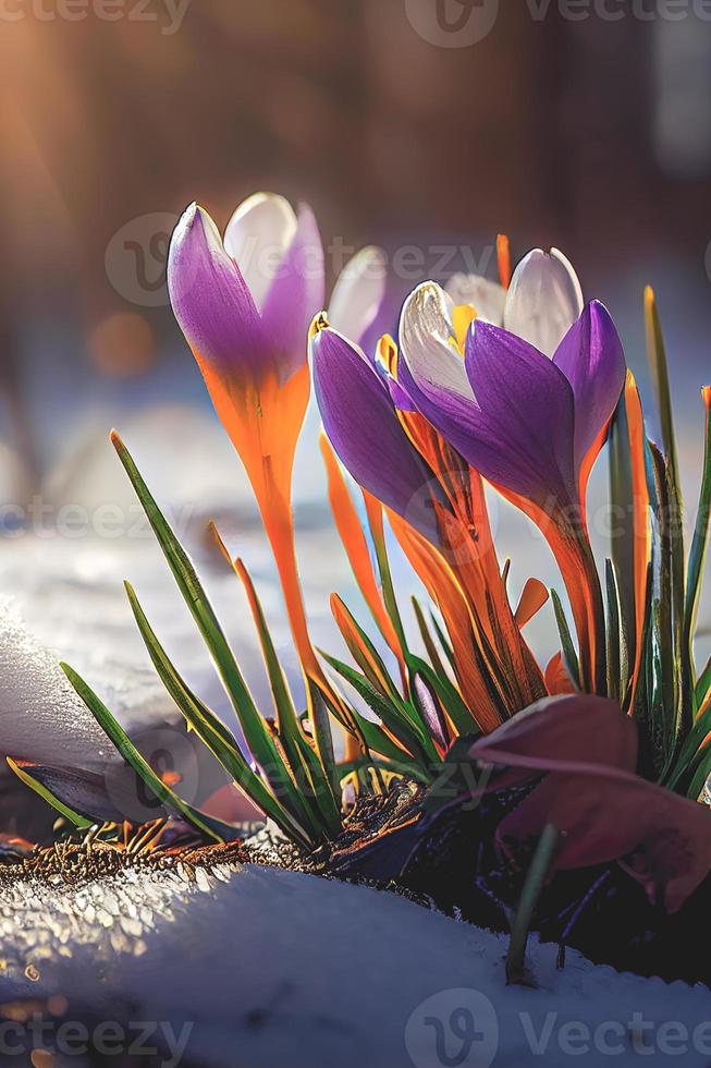 The first spring flowers, crocuses in a forest with snow background also have copy space for text photo