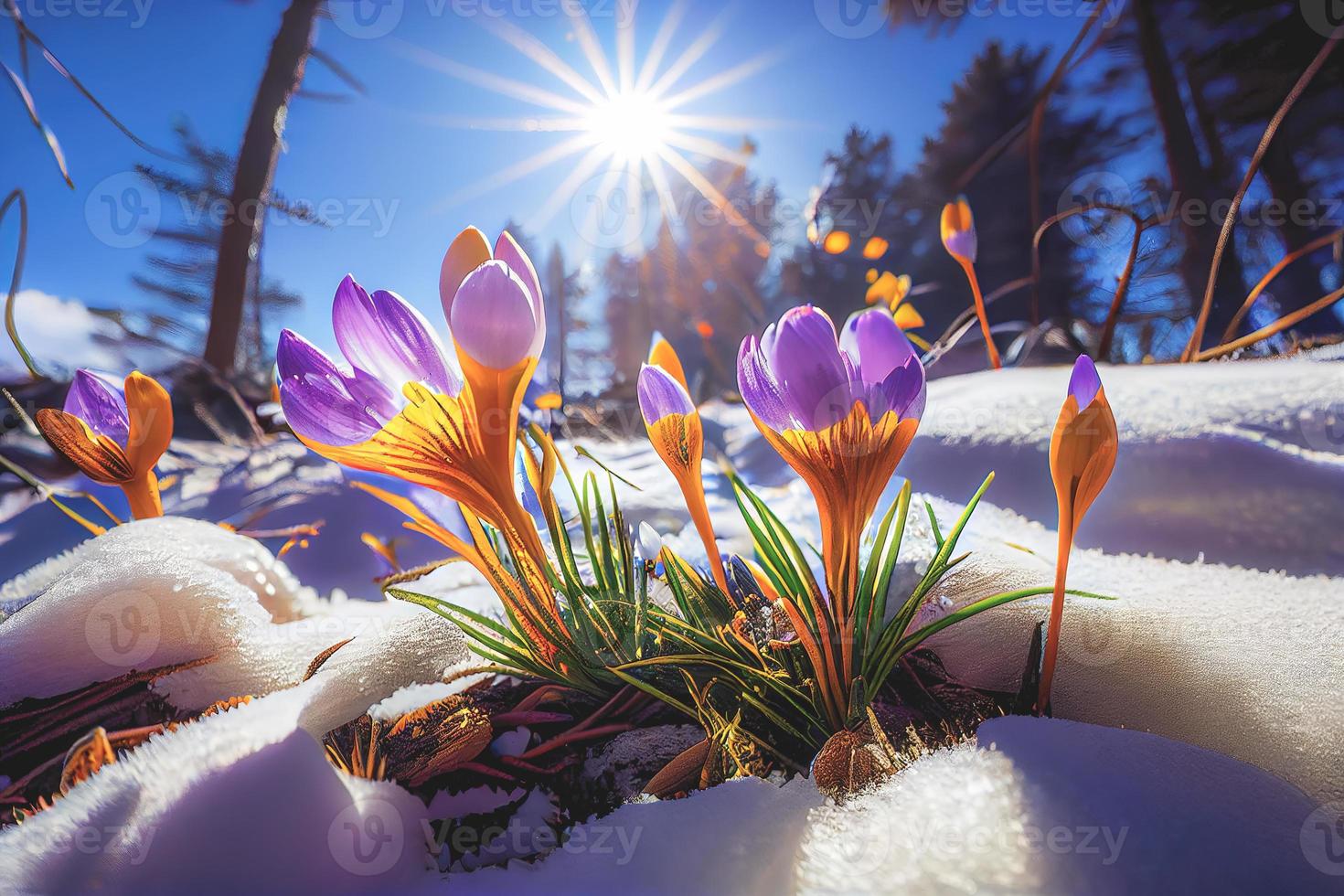 The first spring flowers, crocuses in a forest with snow background also have copy space for text photo