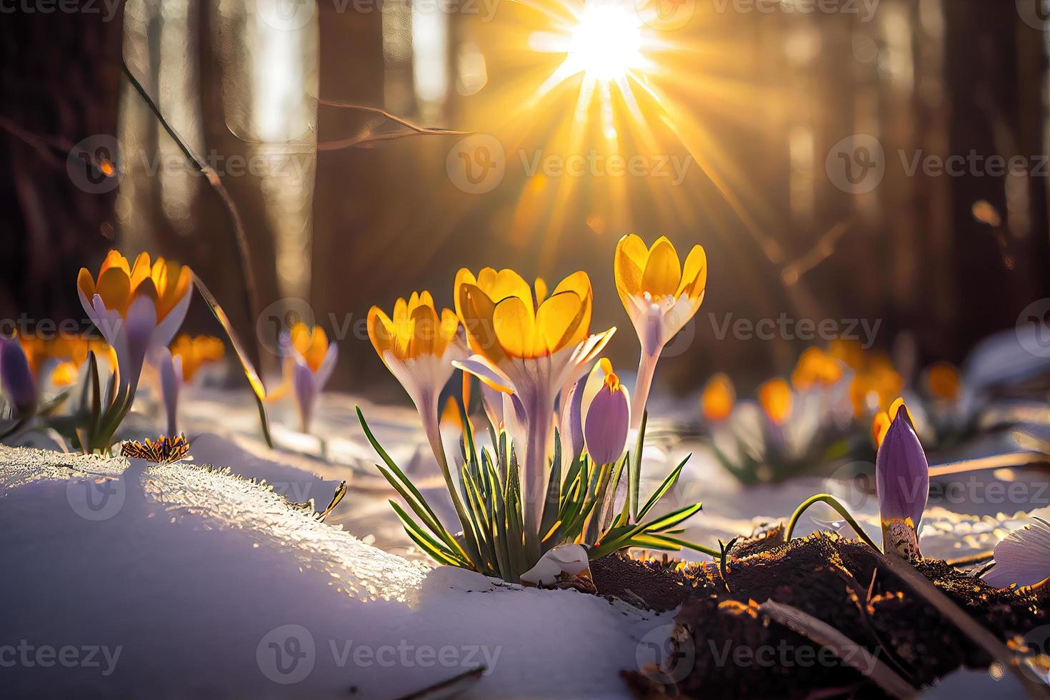 The first spring flowers, crocuses in a forest with snow background also have copy space for text photo