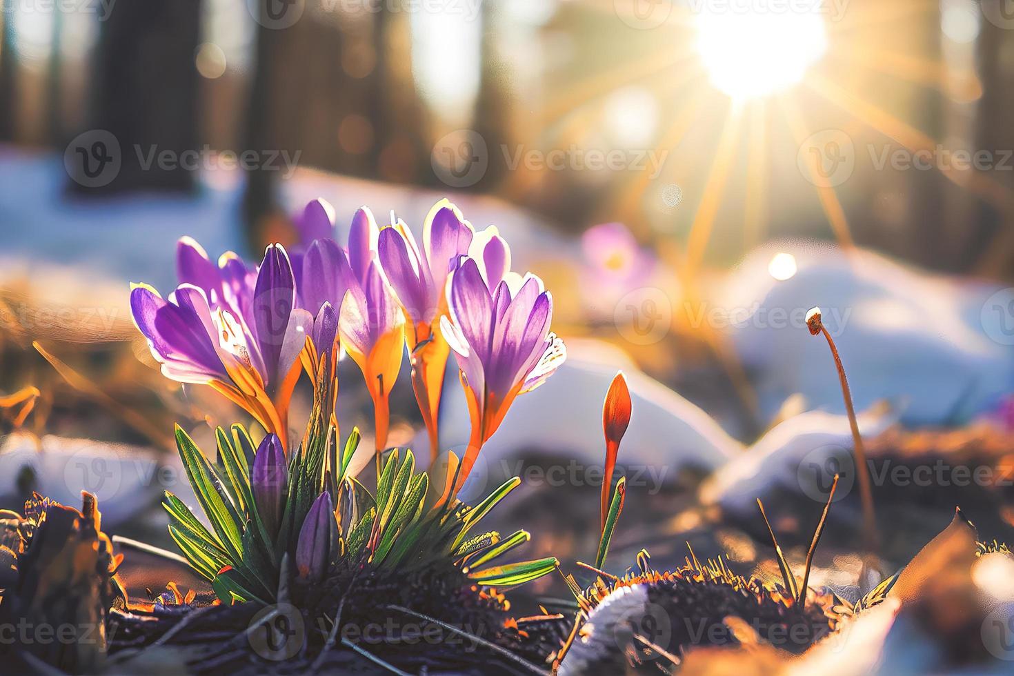 The first spring flowers, crocuses in a forest with snow background also have copy space for text photo