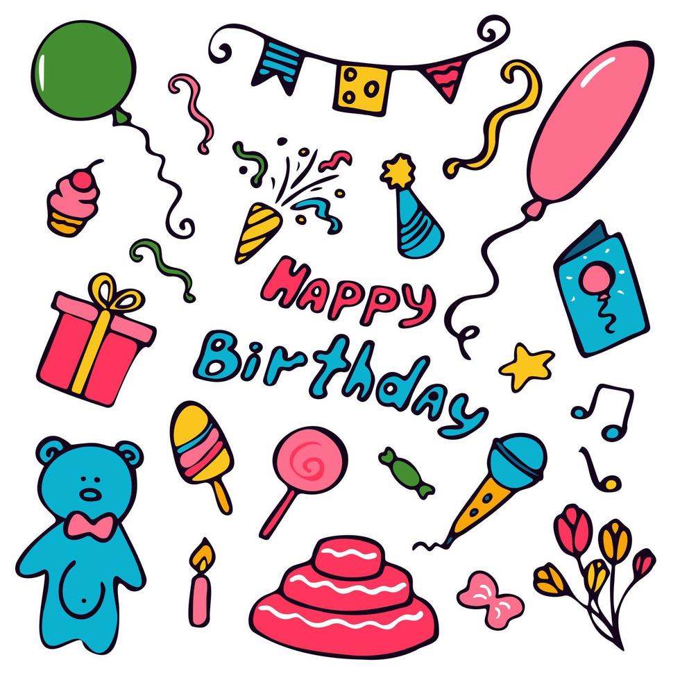 Set of Happy Birthday doodle elements isolated on white background. Adorable creative design element for decoration, ads, prints, branding and stickers. vector