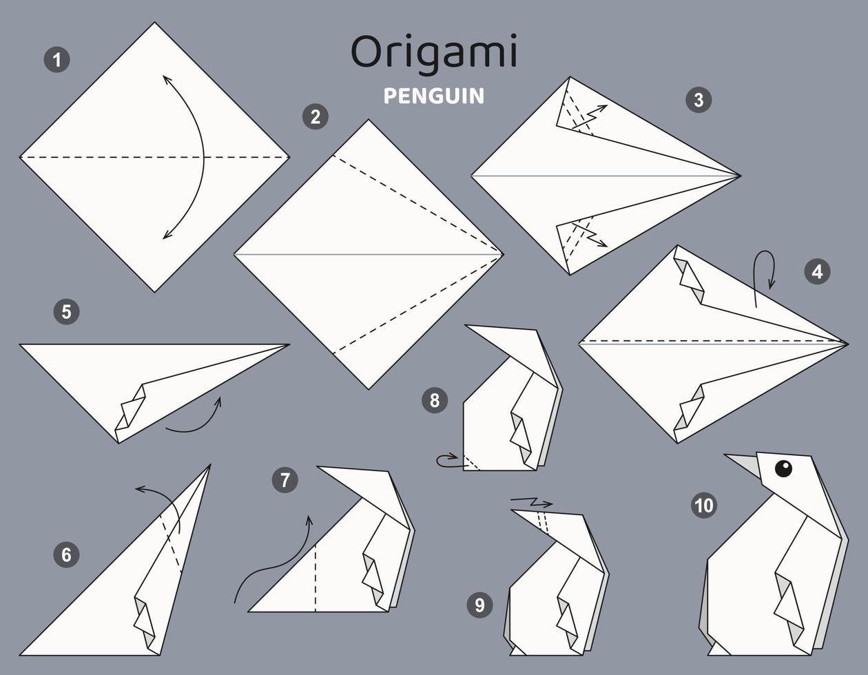 Tutorial origami scheme with penguin. isolated origami elements on grey backdrop. Origami for kids. Step by step how to make origami penguin. Vector illustration.