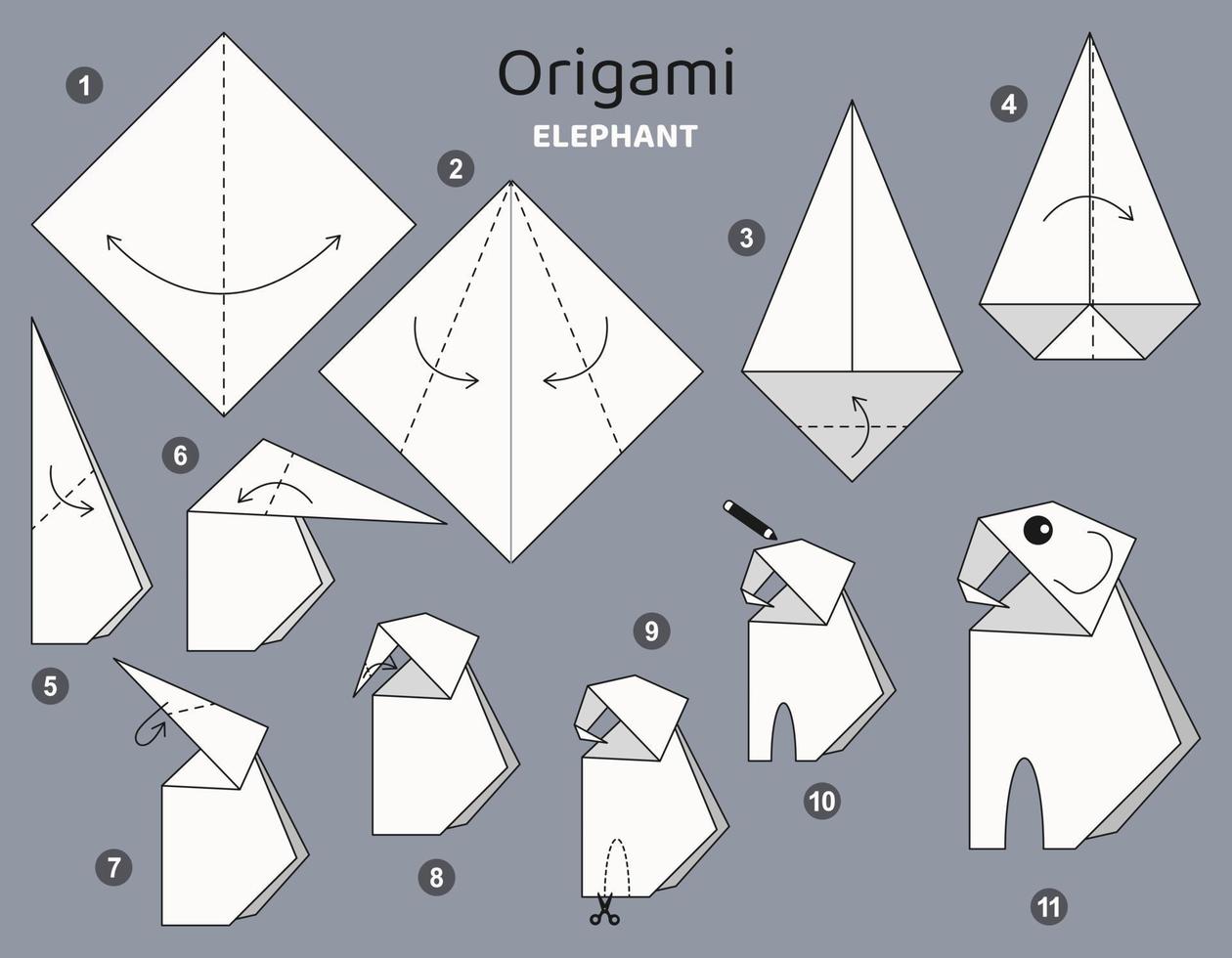 Tutorial origami scheme with elephant. isolated origami elements on grey backdrop. Origami for kids. Step by step how to make origami elephant. Vector illustration.