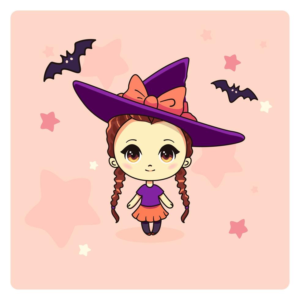 Cute and kawaii chibi Girl. Witch in hat and with bats in manga style. All objects are isolated. Vector illustration.