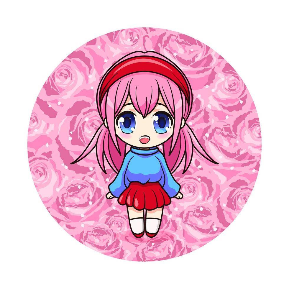 linda y kawaii niña en rosas. manga chibi niña con rosado flores vector ilustración. Arte para huellas dactilares, cubiertas, carteles y ninguna usar.