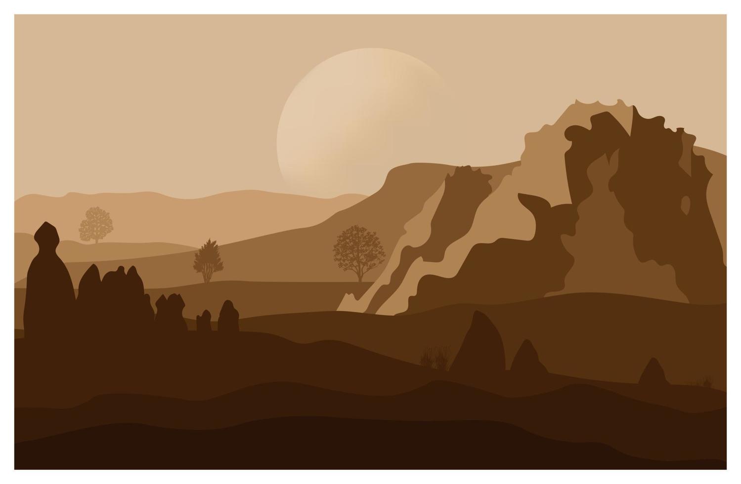 Vintage horizontal illustration with landscape of Cappadocia at sunrise. Turkey. Popular Turkish destination. Vector illustration