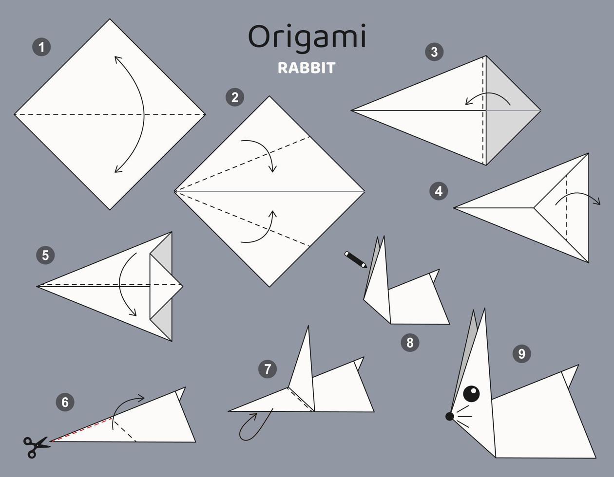 Tutorial origami scheme with rabbit. isolated origami elements on grey backdrop. Origami for kids. Step by step how to make origami rabbit. Vector illustration.