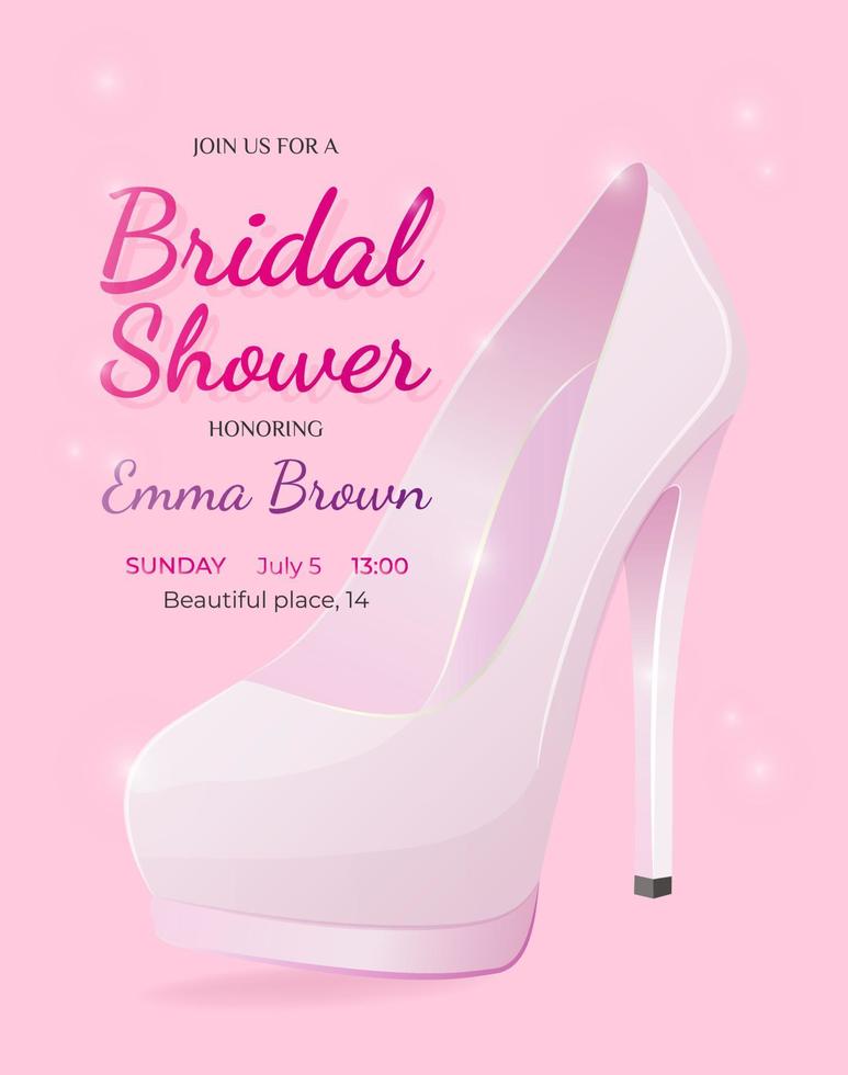 luxurious and elegant Bridal Shower invitation card. Fashionable wedding high heel shoe. Wedding stiletto heels with flares. Vector illustration