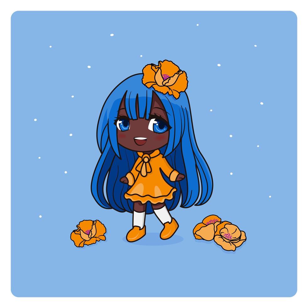 linda y kawaii afro americano niña con amapolas felizmente manga chibi niña con amarillo flores vector ilustración. todas objetos son aislado. Arte para huellas dactilares, cubiertas, carteles y ninguna usar.